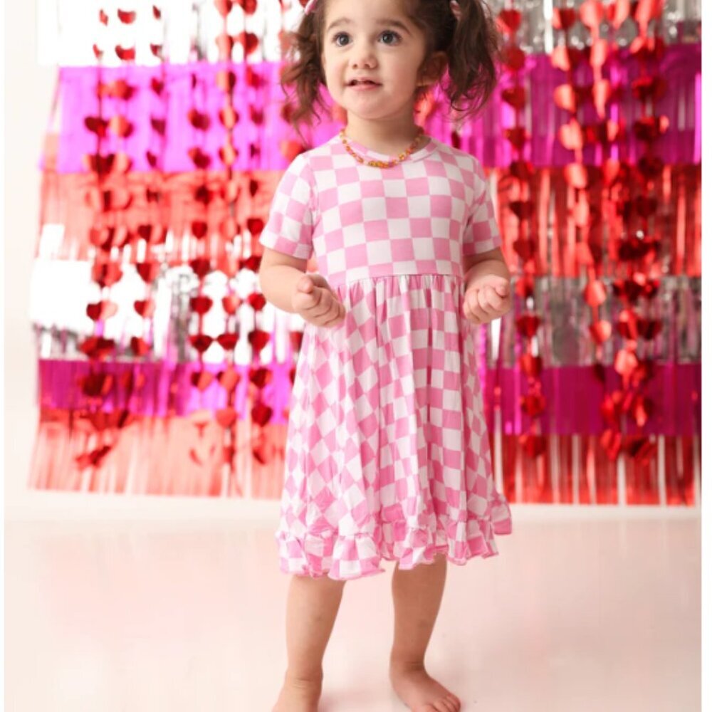Dream Big Little Toddler Pink & White Checkered Bamboo Flair Dress